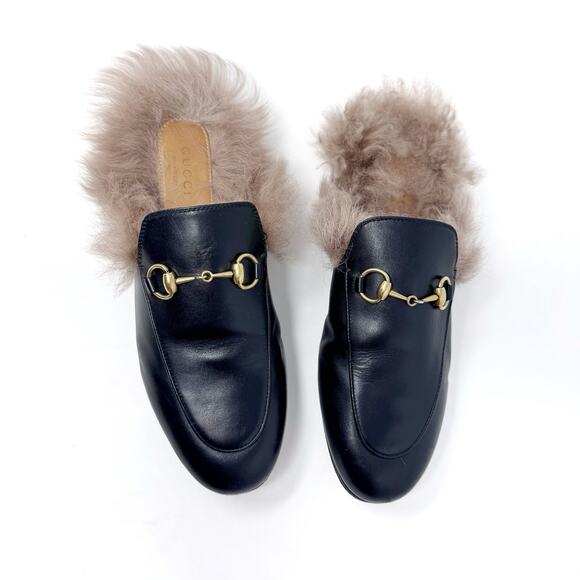 GUCCI Princetown Black Leather Fur Lined Loafer Mule with Bronze Horse Bit 37 - Picture 3 of 8